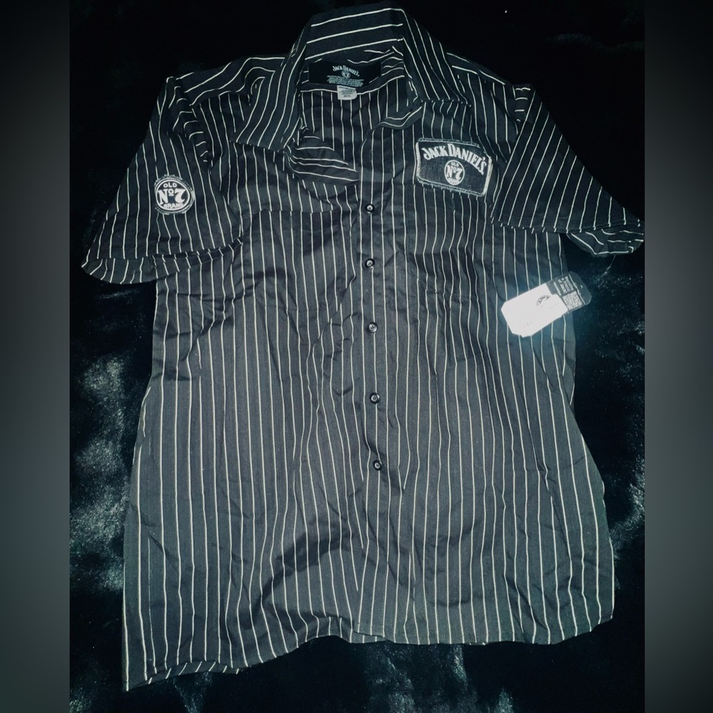 Jack Daniels Tennessee Whiskey Black Pin Striped Shop Shirt Men's Medium